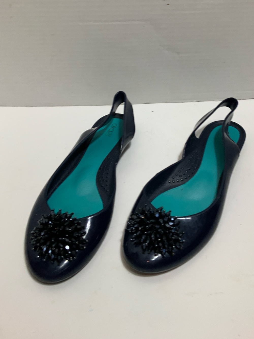 Oka B Women Size 10 Dark Blue Beaded Crystal Slingback Jelly Shoes Sandals
